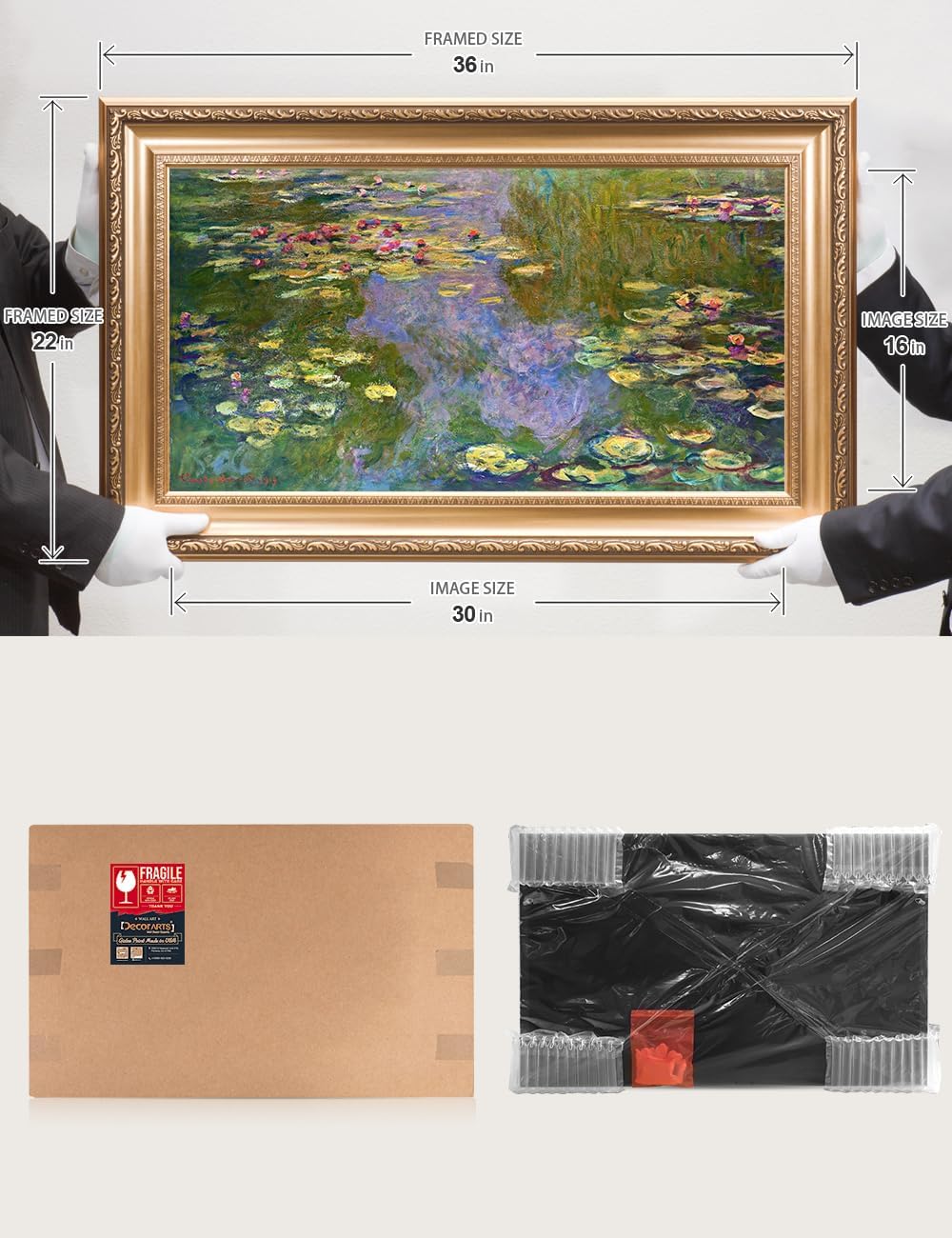 DECORARTS - Water Lilies Claude Monet Giclee Fine Art Print in Embossed Gold Frame. Framed Size: 36x22