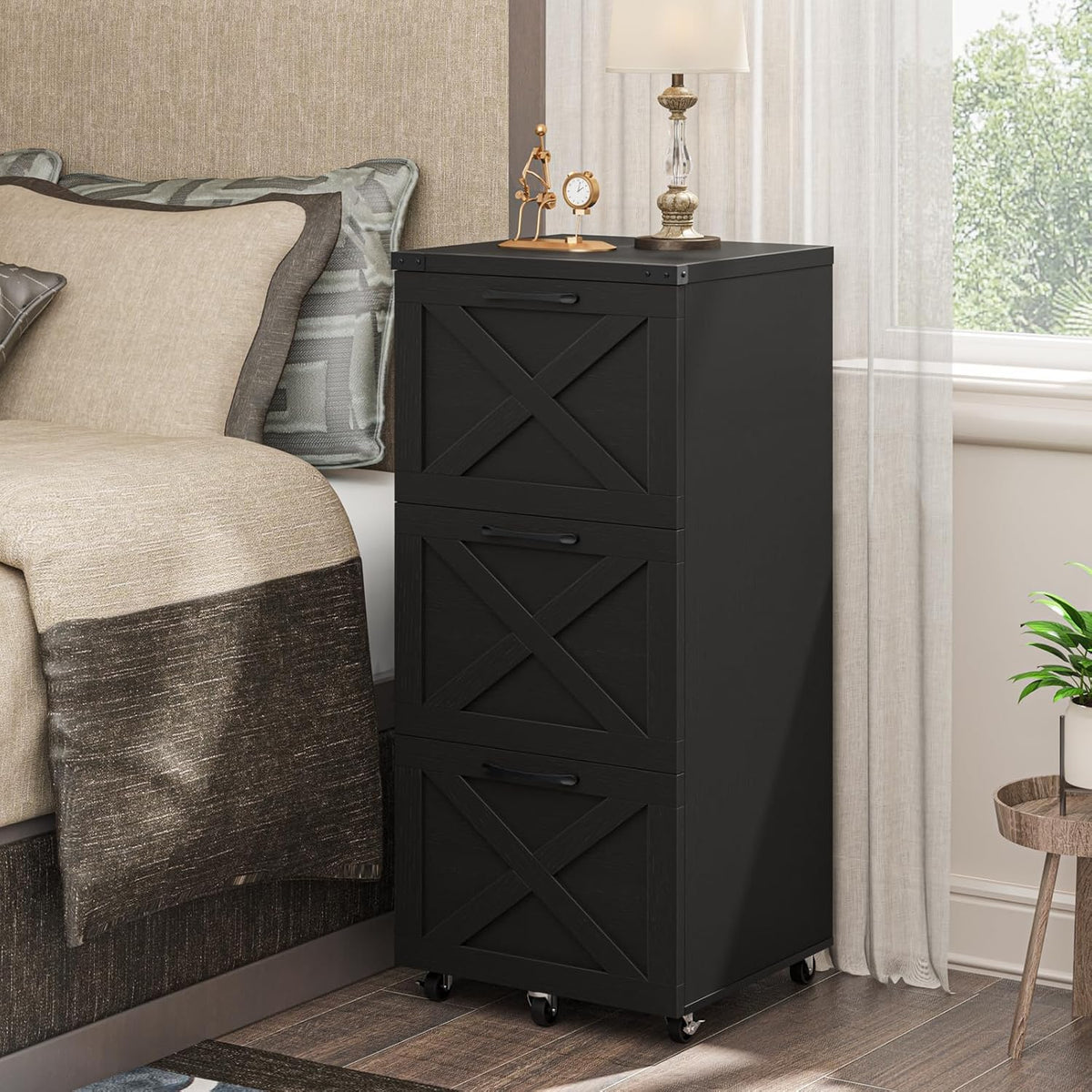 Halitaa 3 Drawer Tall File Cabinet with Wheels, Farmhouse Vertical Filing Cabinet Fits Letter/A4 Size, Rolling File Cabinets Wooden Printer Stand for Home Office, Black