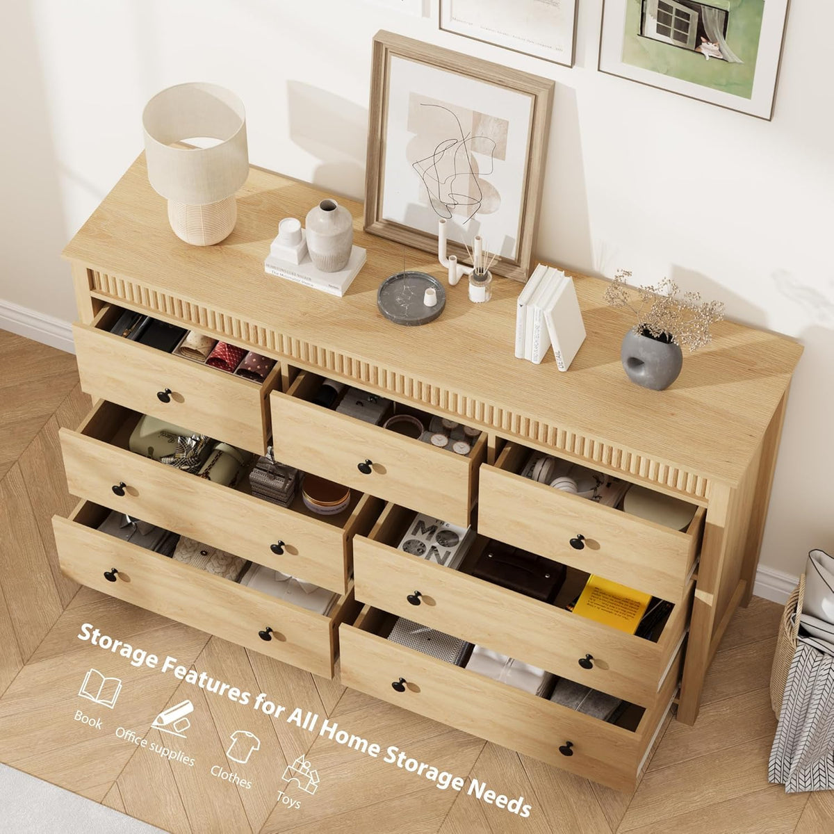 GarveeHome 7 Drawer Dresser for Bedroom, 54" Wide Fluted Wooden Chest of Drawers, Modern Long Storage Dresser Organizer for Living Room, Hallway, Entryway, Natural Oak