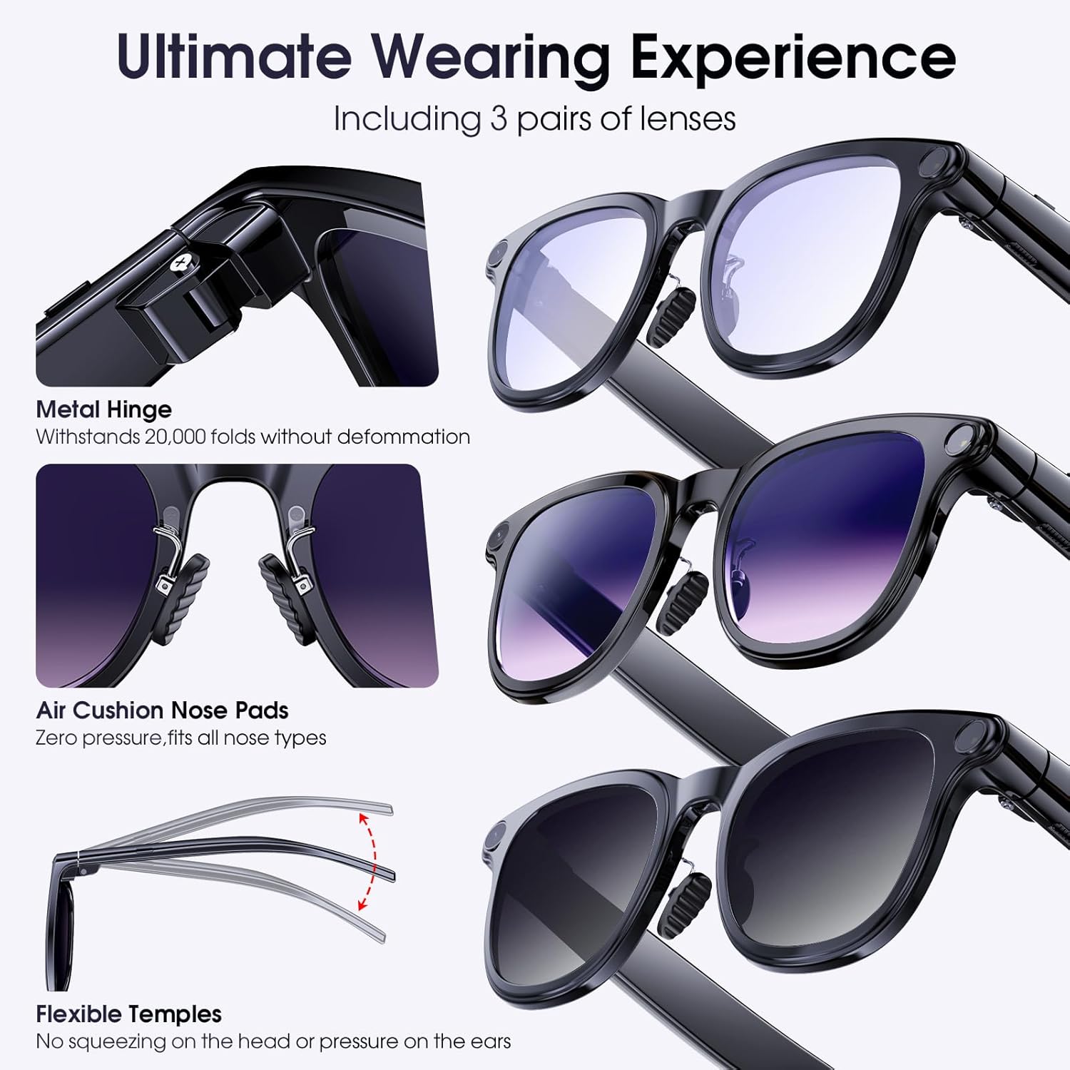 AI Smart Glasses with Camera, 8MP Camera Glasses for Life Vlog Travel Work, 4K Video Recording Sunglasses for Women Men, Real-Time Translation, Voice Assistant, Hands-Free Calls,Open-Ear Audio, 3 Lens