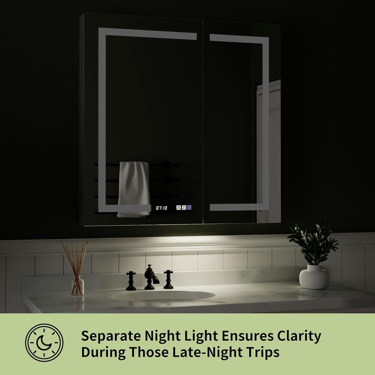 ExBrite Lighted Medicine Cabinet 36 x 36 Inch,Recessed or Surface led Medicine Cabinet, Clock&Room Temp Display,Defog,Dimming,Medicine Cabinet with Lights 3-Color Temper Change,Door Wide Open