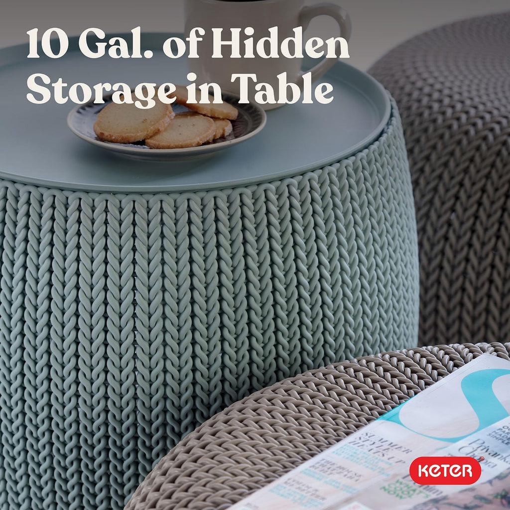 Keter Urban Knit Pouf Ottoman Set of 2 with Storage Table for Patio and Room Décor - Perfect for Balcony, Deck, and Outdoor Seating, Misty Blue & Taupe