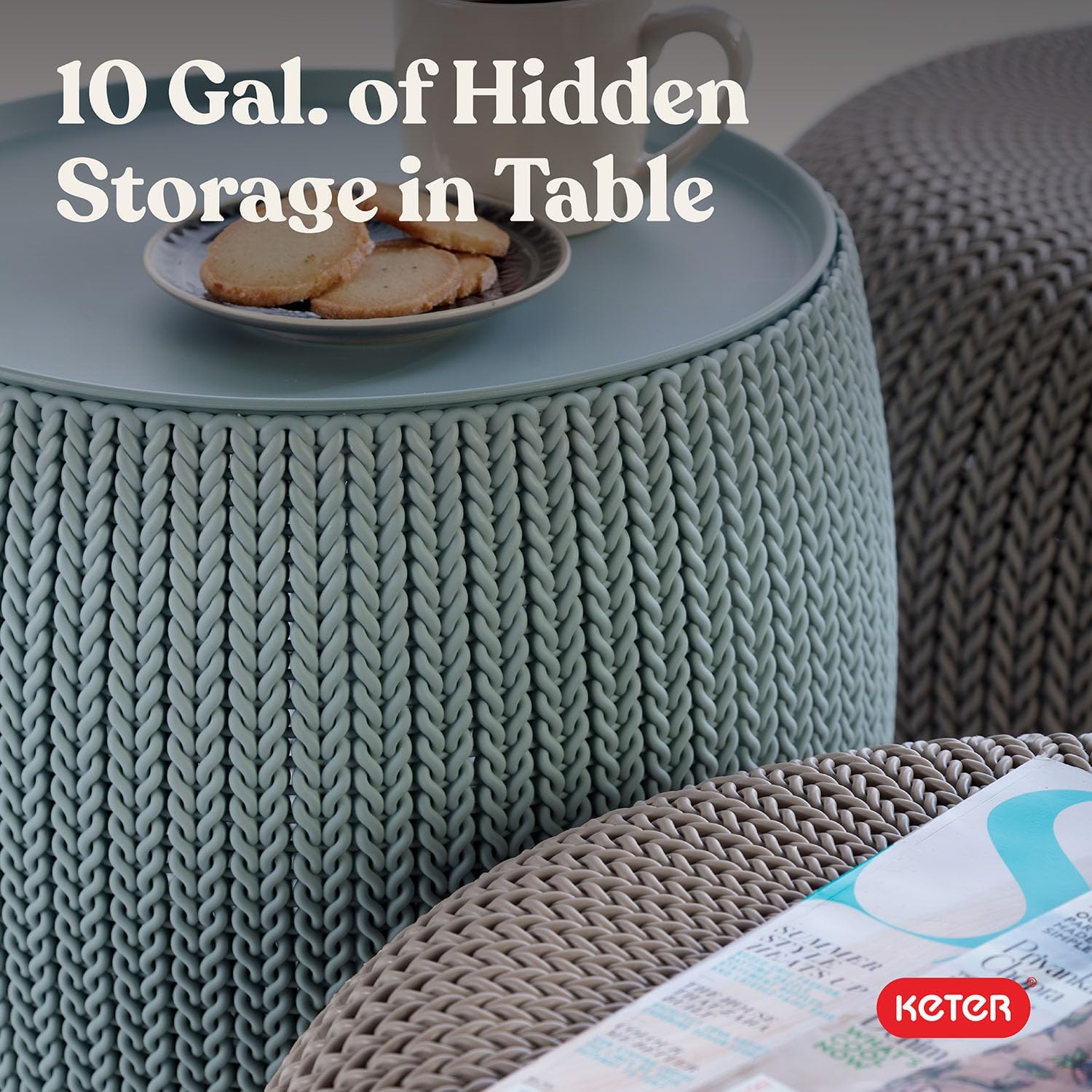 Keter Urban Knit Pouf Ottoman Set of 2 with Storage Table for Patio and Room Décor - Perfect for Balcony, Deck, and Outdoor Seating, Misty Blue & Taupe