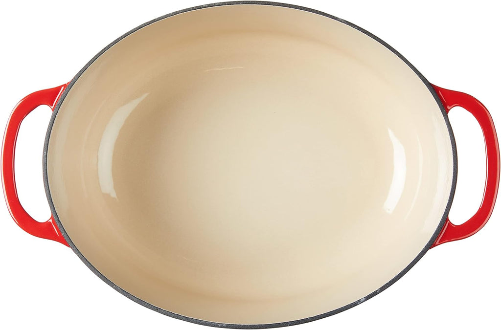 Lodge 7 Quart Enameled Cast Iron Oval Dutch Oven with Lid – Dual Handles – Oven Safe up to 500° F or on Stovetop - Use to Marinate, Cook, Bake, Refrigerate and Serve – Red