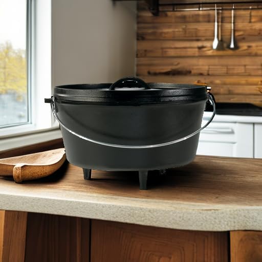 Lodge Seasoned Cast Iron Camp Dutch Oven with Lid - 8 Quart - Dual Handles - Seasoned Cast Iron Cookware with Steel Handle & Strong Lid for Heavy- Duty Camping Cookware