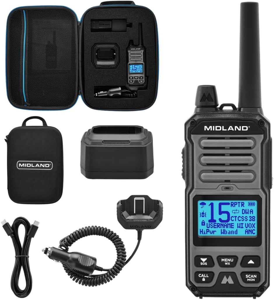 Midland GXT67 5-Watt GMRS Two-Way Radio – Long Range Walkie Talkie for Overlanding, Jeep, & Off-Road – IP67 Waterproof, Repeater Capable, Rechargeable Battery, Hard Case Included (Black)