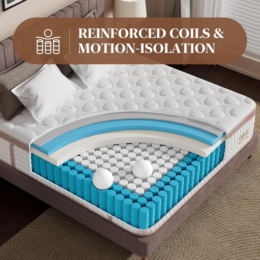 Queen Mattress 14 Inch, Firm Hybrid Mattresses in a Box for Spinal Alignment and Back Pain Relief, Motion Isolation, CertiPUR-US & Fiberglass-Free,