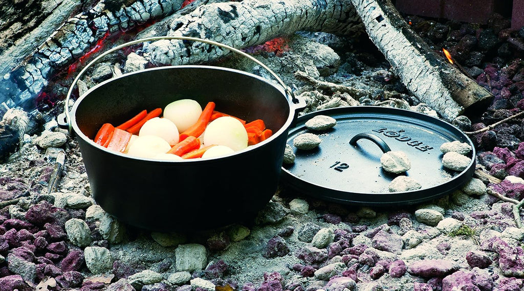 Lodge Seasoned Cast Iron Camp Dutch Oven with Lid - 8 Quart - Dual Handles - Seasoned Cast Iron Cookware with Steel Handle & Strong Lid for Heavy- Duty Camping Cookware
