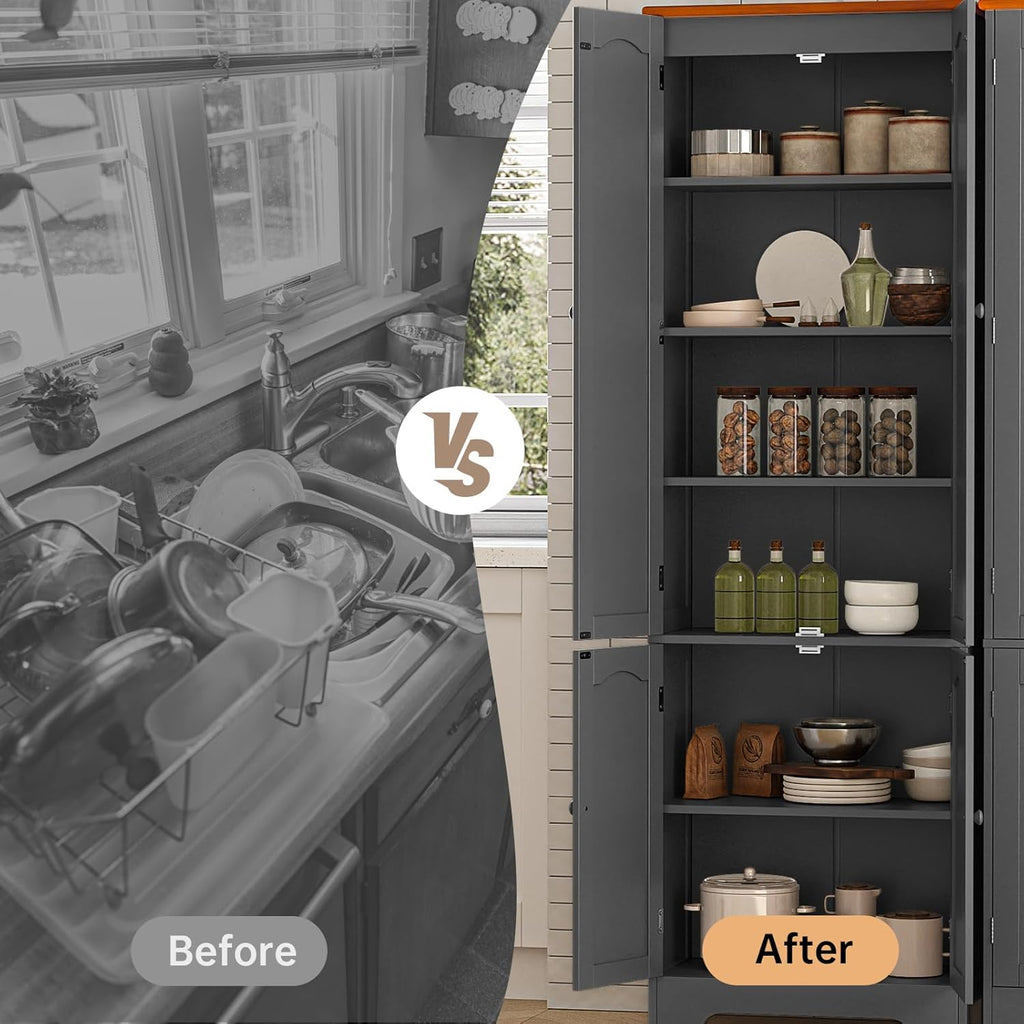 4 Door Pantry -72.2'' Kitchen Cabinet with Adjustable Shelves, Freestanding Cupboard, Tall Storage Cabinets for Dining Room, Living Room, Laundry, Bathroom, Entryway, Grey
