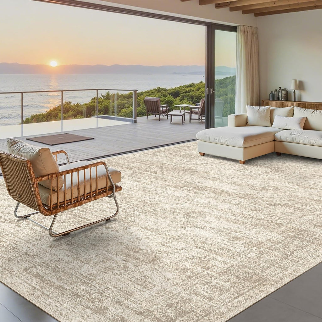 Soalmost 9x12 Area Rugs for Living Room, Non Slip Machine Washable Vintage Rugs, Low Pile Lightweight Large Rug for Bedroom, Dining Room, Home Office Beige