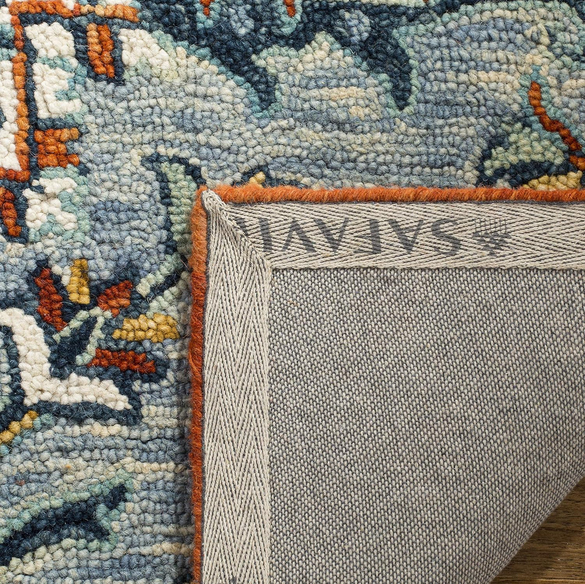 SAFAVIEH Aspen Collection Area Rug - 9' Square, Blue & Rust, Handmade Boho Wool, Ideal for High Traffic Areas in Living Room, Bedroom (APN312A)