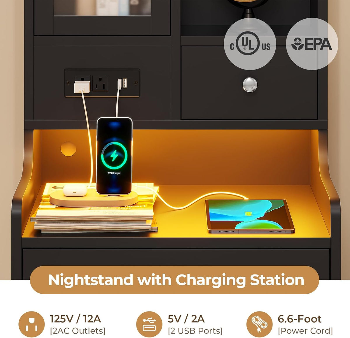 ADORNEVE Black Night Stand Set of 2 with Charging Station,49.2" LED Nightstand for Bedroom,Tall Bedside Table with Bookshelf and Drawers,Side Tables Bedroom,13.8" D x 17.7" W x 49.2" H