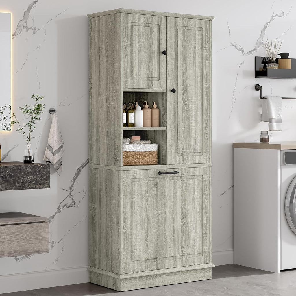 LUMISOL 68" Tall Tilt Out Laundry Hamper, Wood Laundry Cabinet with Hidden Hamper Basket, Freestanding Storage Cabinet with 2 Doors, Adjustable Shelf for Bathroom, Living Room, Kitchen, Oak