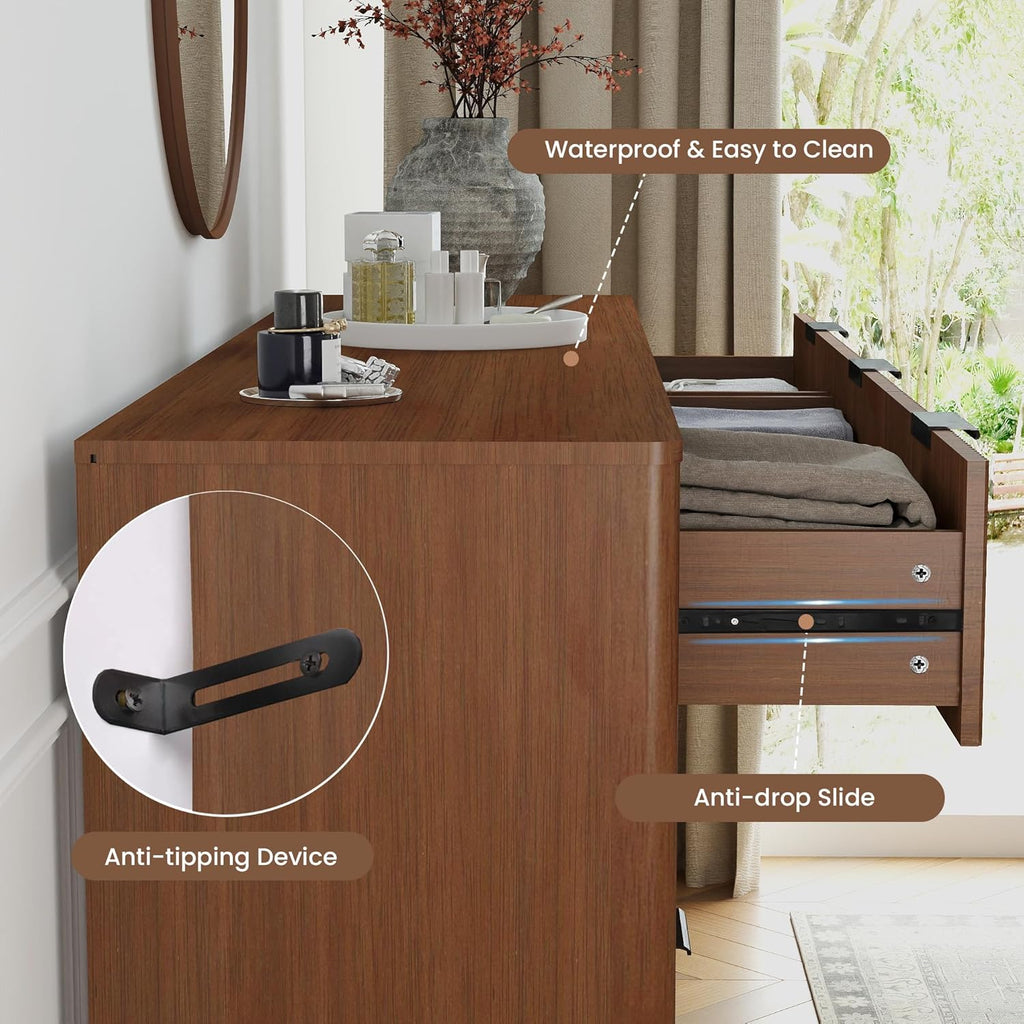 Fluted Dresser for Bedroom,59'' Modern Wooden Walnut Dresser with 9 Drawers, Bedroom Dressers, Natural Wood Chest of Drawers for Living Room, Hallway (Walnut)