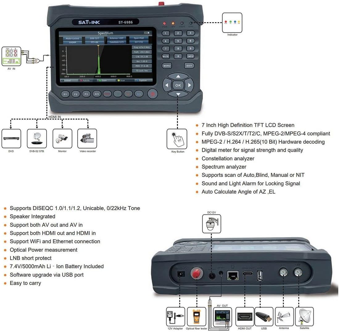SATLINK ST-6986 Satellite TV Receiver DVB-S/S2/T/T2/C Combo Meter MPEG-4 HD H.265 (10bits) Spectrum Spectrum Analyzer Digital Satellite Finder Meter