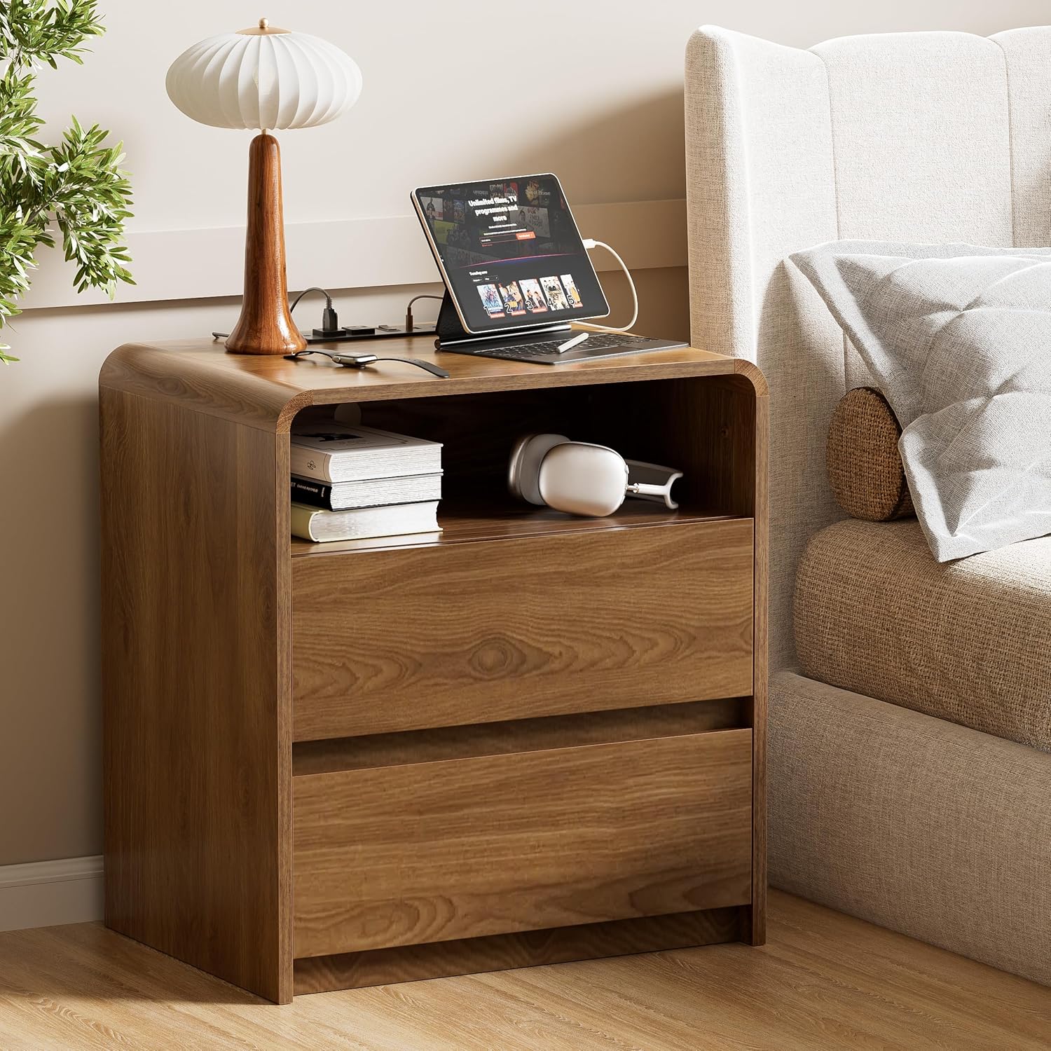 23.8" Modern Nightstand with Hidden Drawers Walnut Night Stand with Charger Station Mid Century Bedside Table Curved Wood Side Table for Bedroom Dorm