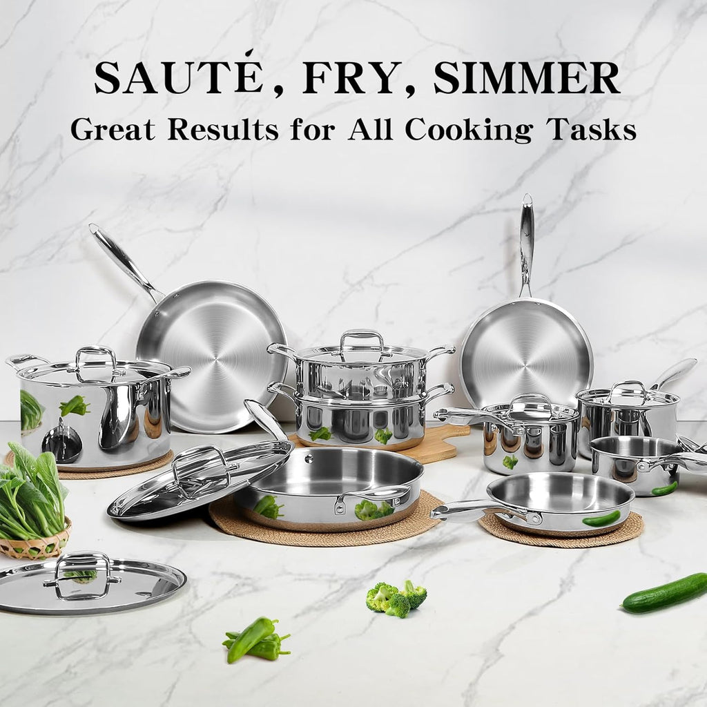 EWFEN Stainless Steel Cookware Set, 3 Ply 17 Piece Stainless Steel Pot and Pan Set, Oven Dishwasher Safe | Induction Compatible Frying Pans, Saucepans, Saute Pan & Stock Pot, PFOA, PTFE & PFOS Free