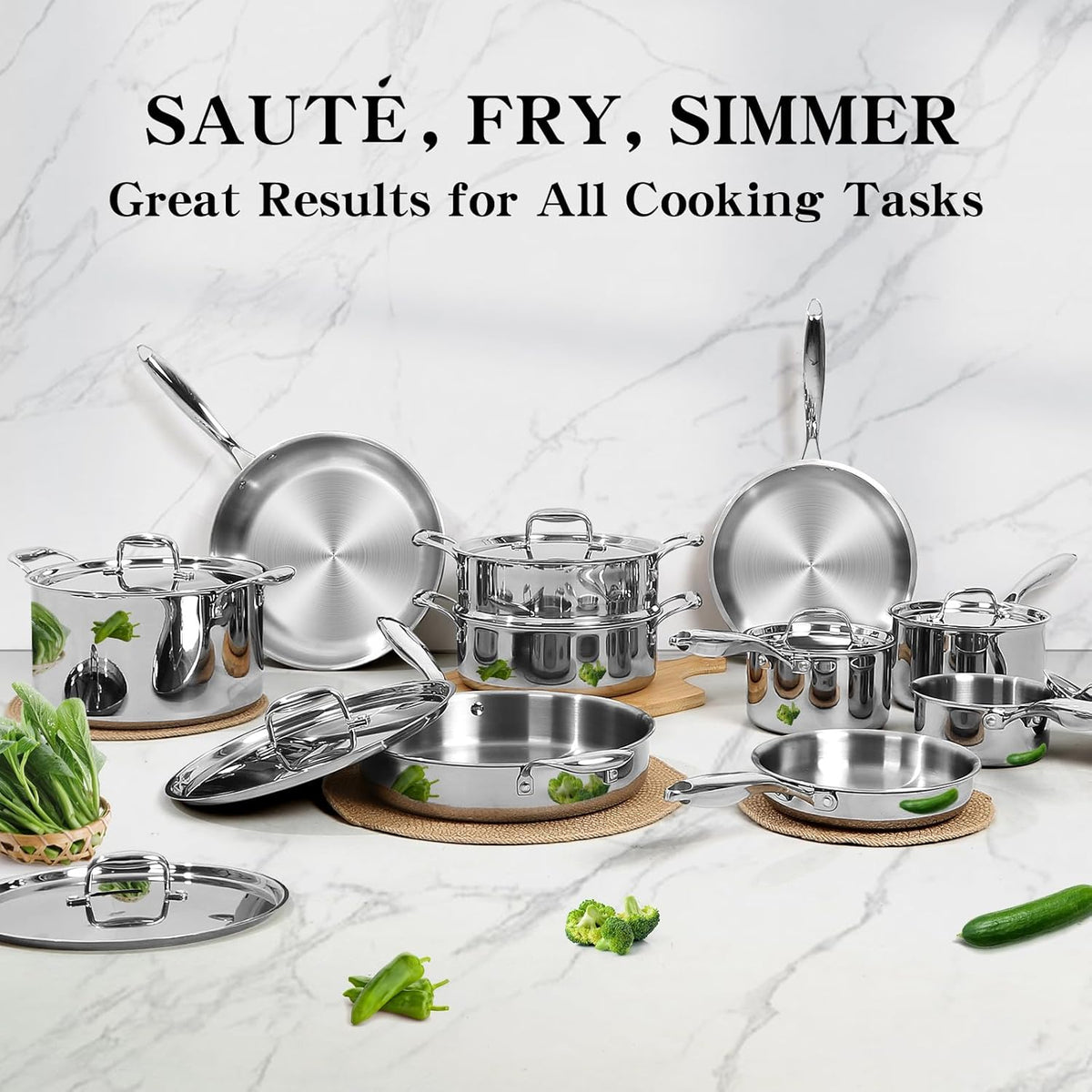 EWFEN Stainless Steel Cookware Set, 3 Ply 17 Piece Stainless Steel Pot and Pan Set, Oven Dishwasher Safe | Induction Compatible Frying Pans, Saucepans, Saute Pan & Stock Pot, PFOA, PTFE & PFOS Free
