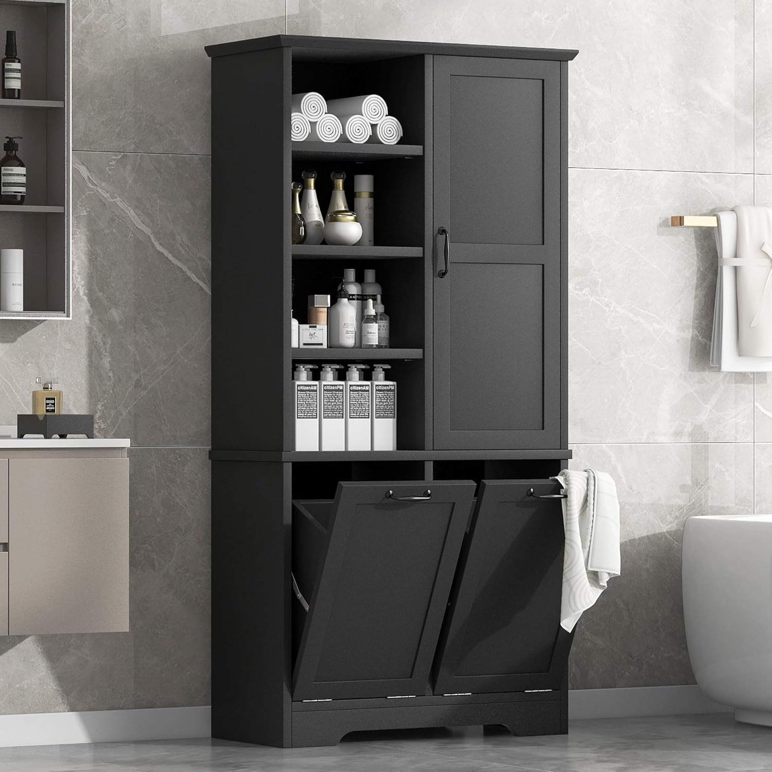 SOFTSEA 68" Double Tilt Out Laundry Hamper, Tall Hidden Laundry Basket Cabinet with Adjustable Shelf, Freestanding Bathroom Storage Cabinet with Doors and Open Shelves, Black