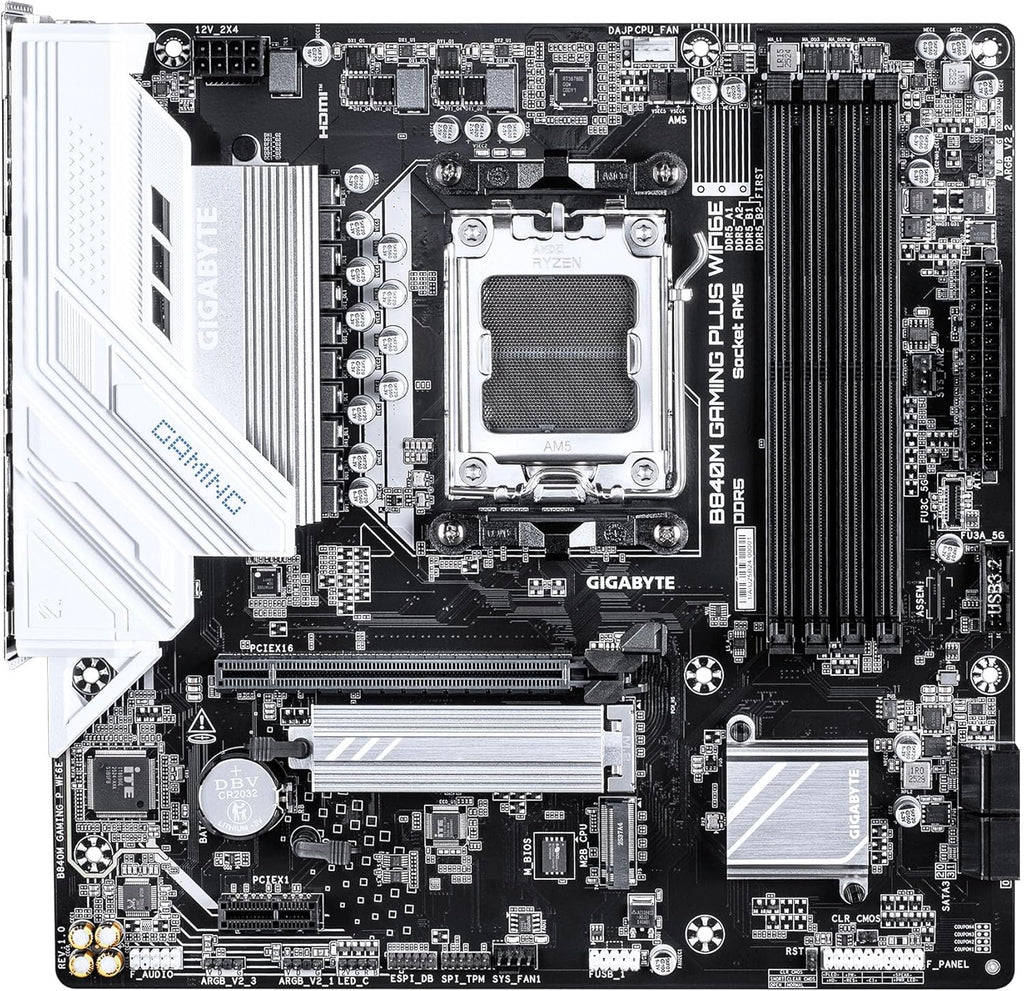 GIGABYTE B840M GAMING PLUS WIFI6E AMD AM5 mATX Motherboard, Support Ryzen 9000/8000/7000 Series, 8+2+2 Power Phase, DDR5, 2x M.2, PCIe 4.0, USB-C 3.2 Gen 1, WiFi 6E, GbE LAN, EZ-Latch, 3-Year Warranty