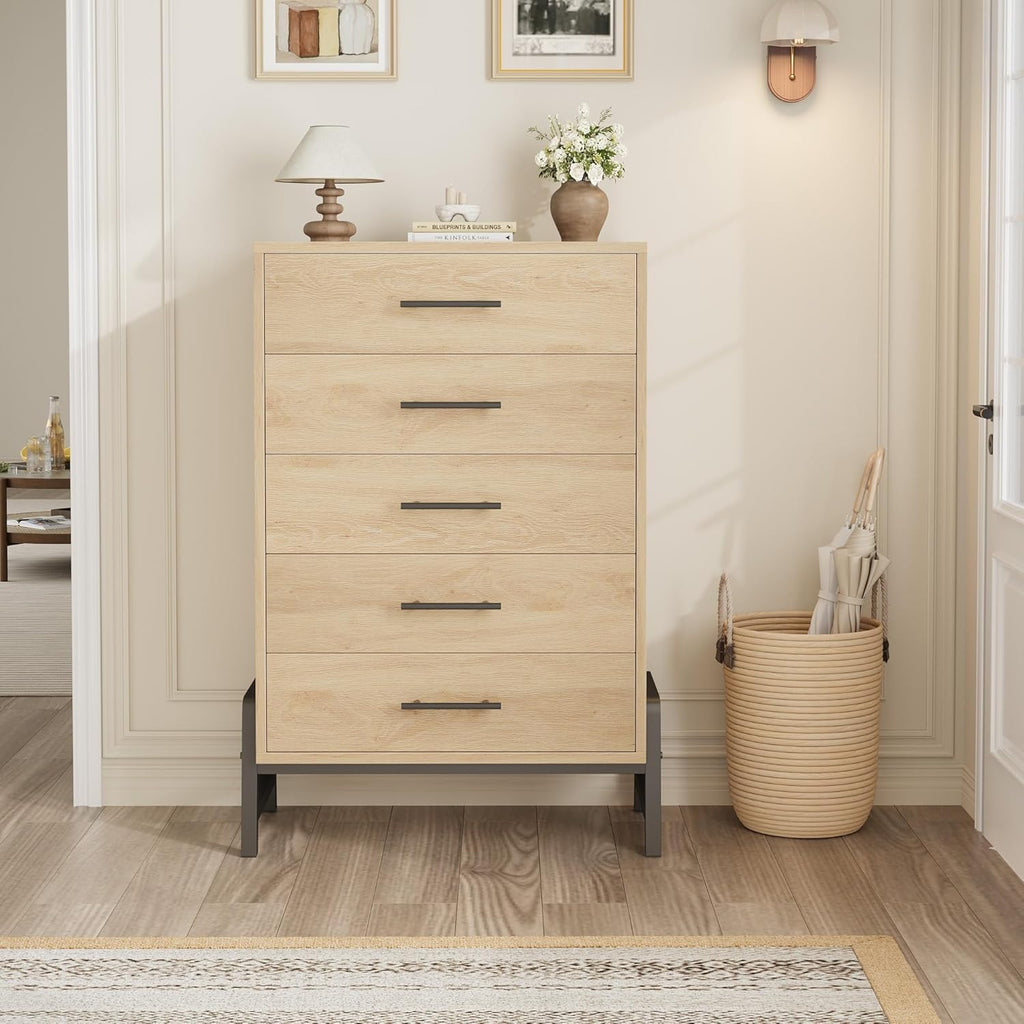 Garvee 5 Dresser for Bedroom, 50.5 in Tall Drawer with Large Storage Space, Freestanding Wooden Closet Storage Dresser Chest for Living Room, Bedroom, Entryway, Natural Oak