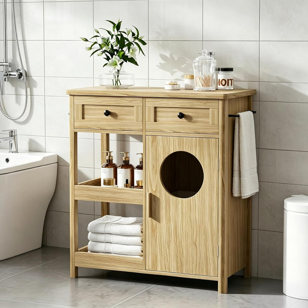 Laundry Hamper Cabinet, Hidden Laundry Storage Cabinet with 2 Drawers & Shelves, Removable Baskets Laundry Hamper with Clothes-Toss Hole for Bathroom, Bedroom, Living Room,Oak