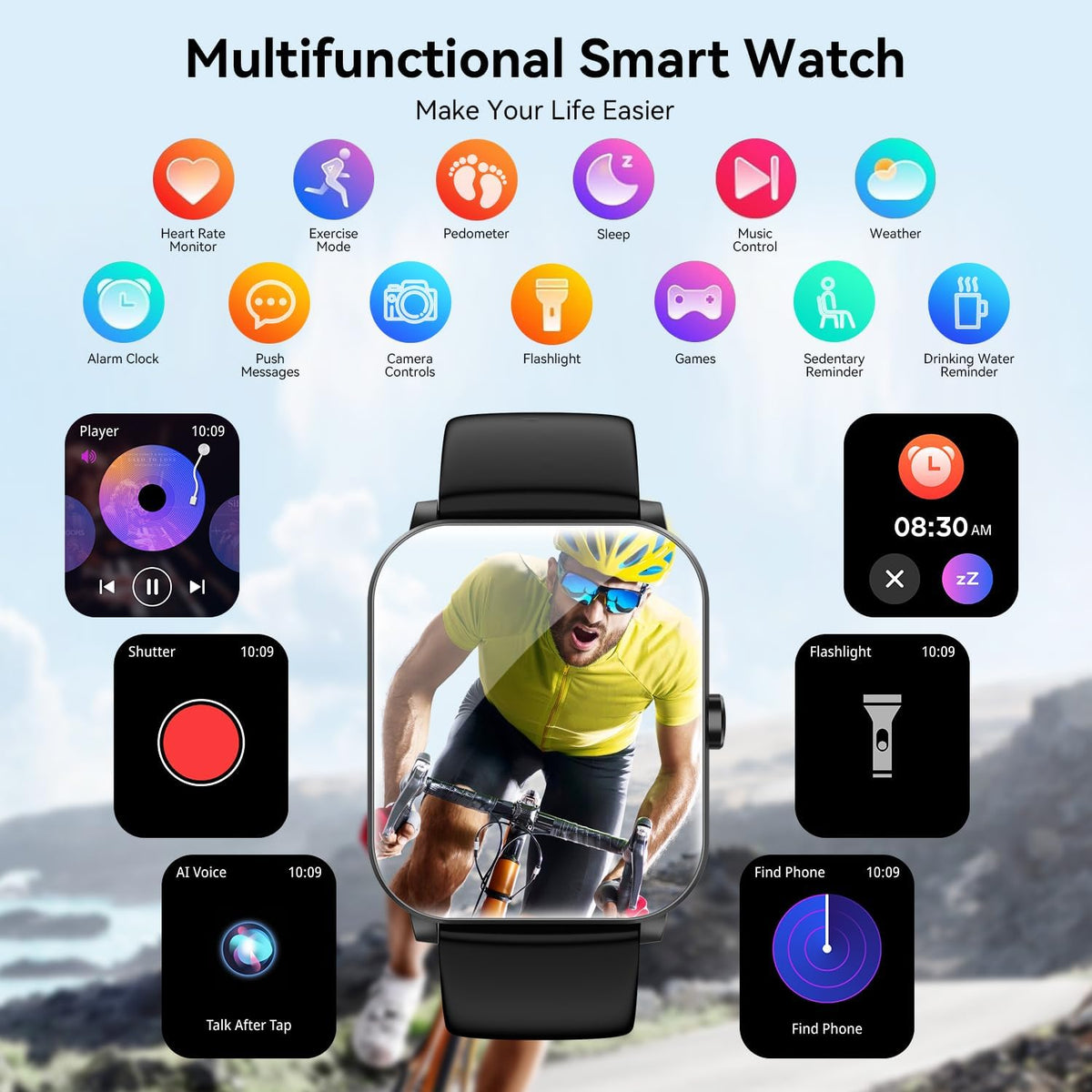 Smart Watch, 1.85" Smartwatch for Men Women (Answer/Make Call), Heart Rate, Sleep Monitor, Pedometer, 120+ Sport Modes Activity Tracker, IP68 Waterproof Fitness Watch for Android iOS（Black）