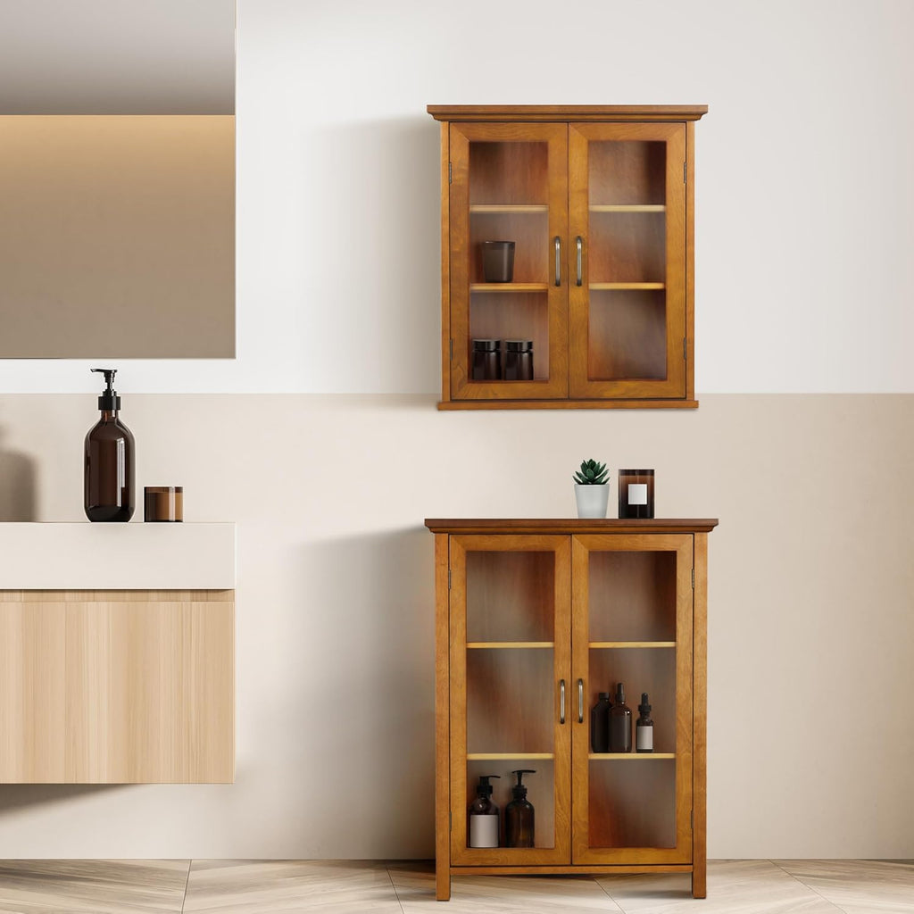 Teamson Home Avery Wooden Over The Toilet Bathroom Removable Wall Medicine Cabinet with 2 Adjustable Shelves 3 Storage Spaces 2 Glass-Paneled Doors and Antique Brass Knobs, Oiled Oak