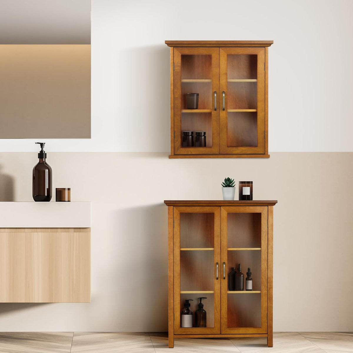 Teamson Home Avery Wooden Over The Toilet Bathroom Removable Wall Medicine Cabinet with 2 Adjustable Shelves 3 Storage Spaces 2 Glass-Paneled Doors and Antique Brass Knobs, Oiled Oak