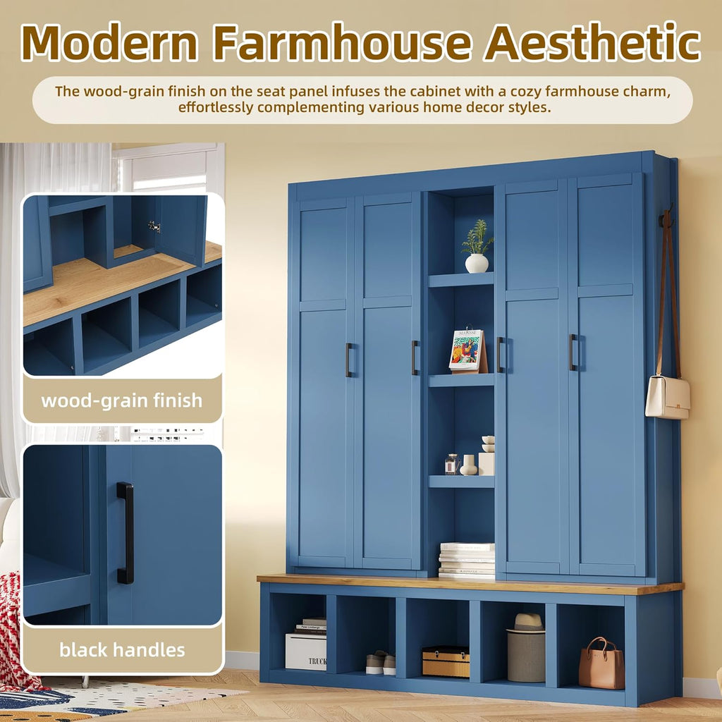 LUMISOL 4-in-1Wide Hall Tree with Wood Grain Bench and 8 Open Compartments, Farmhouse Style Entryway Bench with Storage Unit and 6 Hooks, 62.9" Rustic Coat Rack for Hallway Living Room, Blue