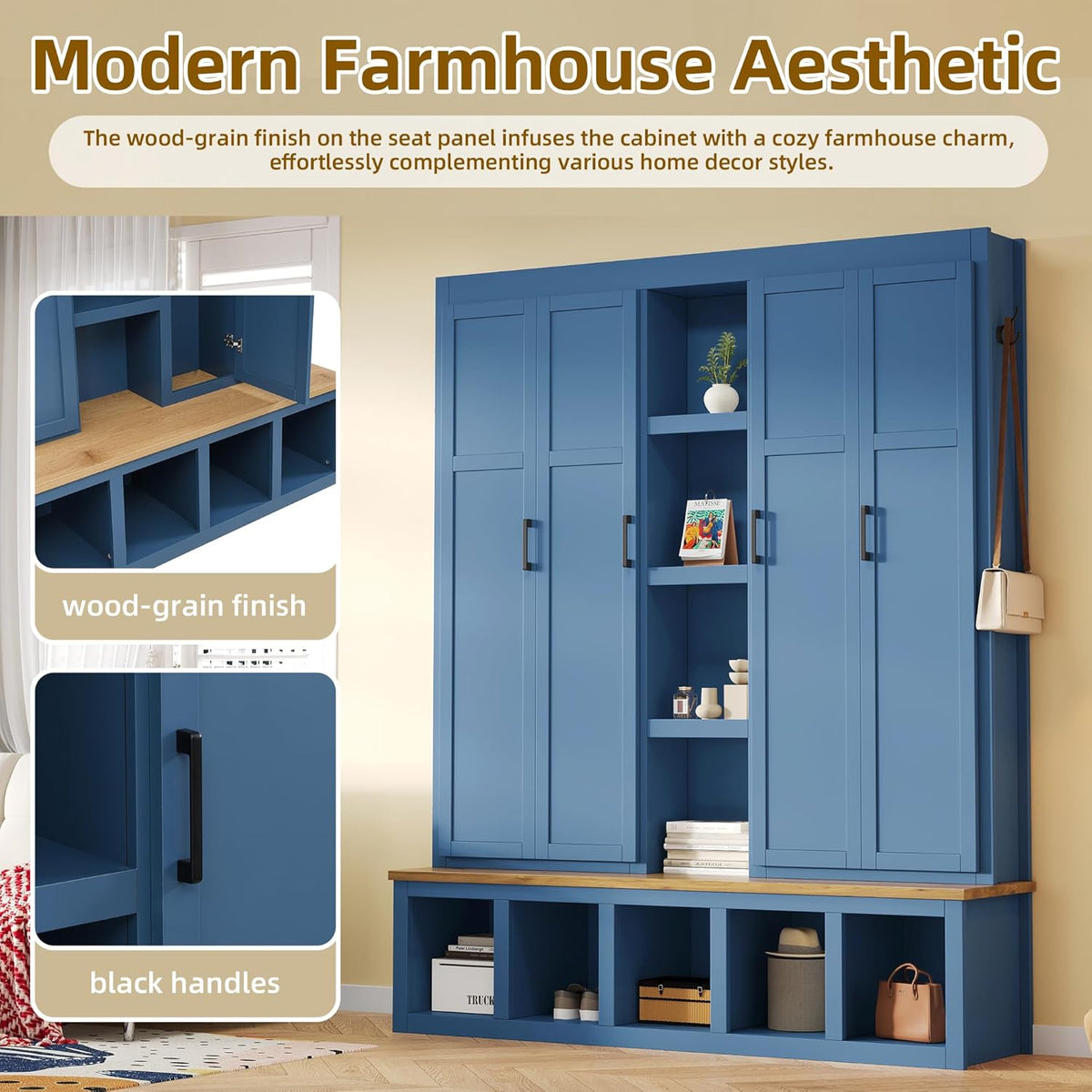 LUMISOL 4-in-1Wide Hall Tree with Wood Grain Bench and 8 Open Compartments, Farmhouse Style Entryway Bench with Storage Unit and 6 Hooks, 62.9" Rustic Coat Rack for Hallway Living Room, Blue