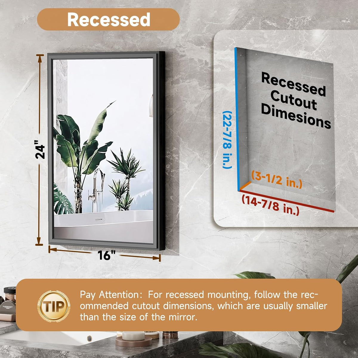 16 x 24 Inch Medicine Cabinet Recessed or Wall Mount Aluminum Bathroom Medicine Cabinet with Mirror and 3 Adjustable Shelves for Bedroom Entryway Dressing Room Apartment and Hotel Black