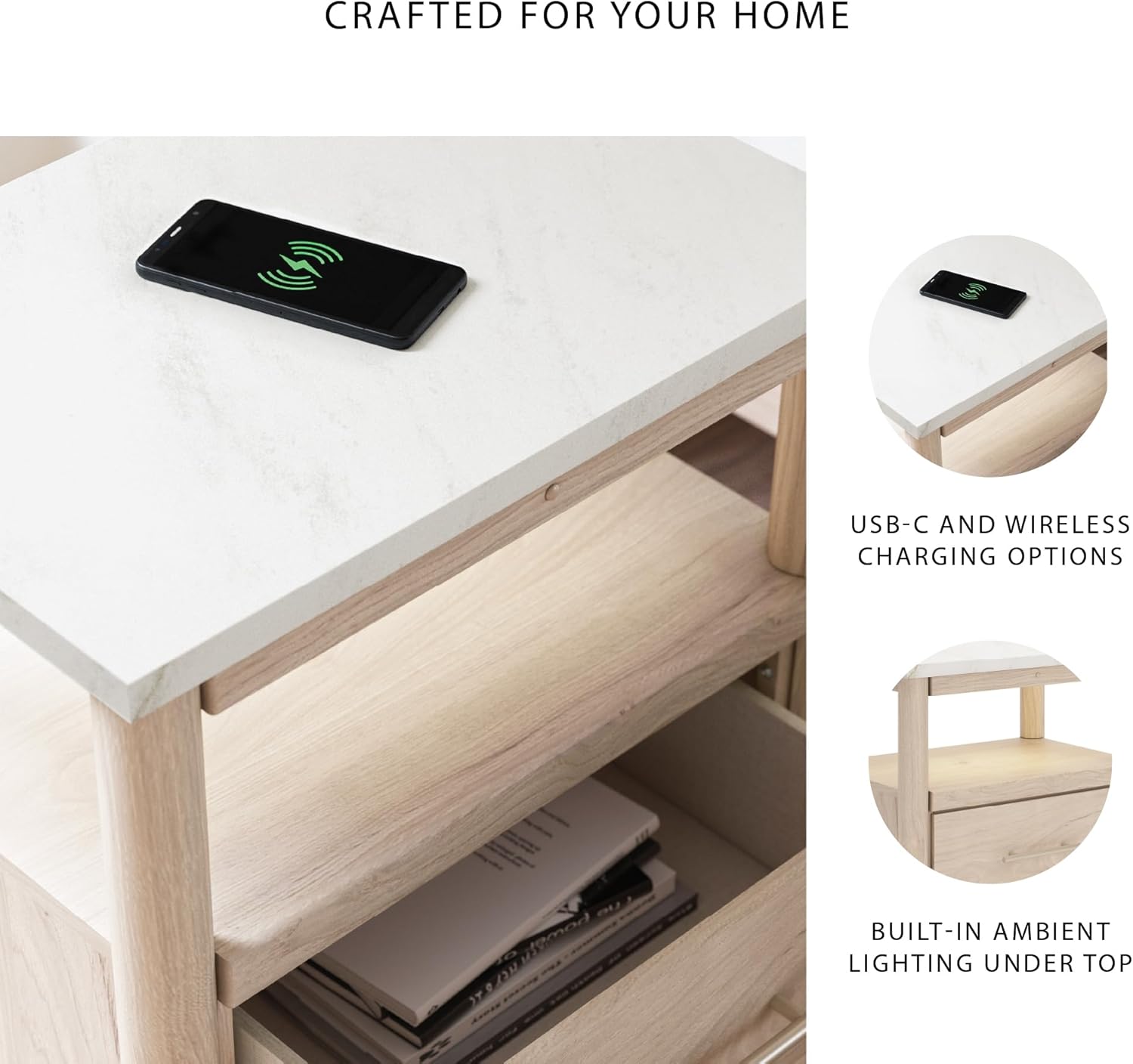 Signature Design by Ashley Cadmori Casual Faux Marble Tabletop 1 Drawer Nightstand with Open Shelf, Ambient Lights, Wireless Charging and USB-C Ports, 26.57" Tall, Light Brown & White