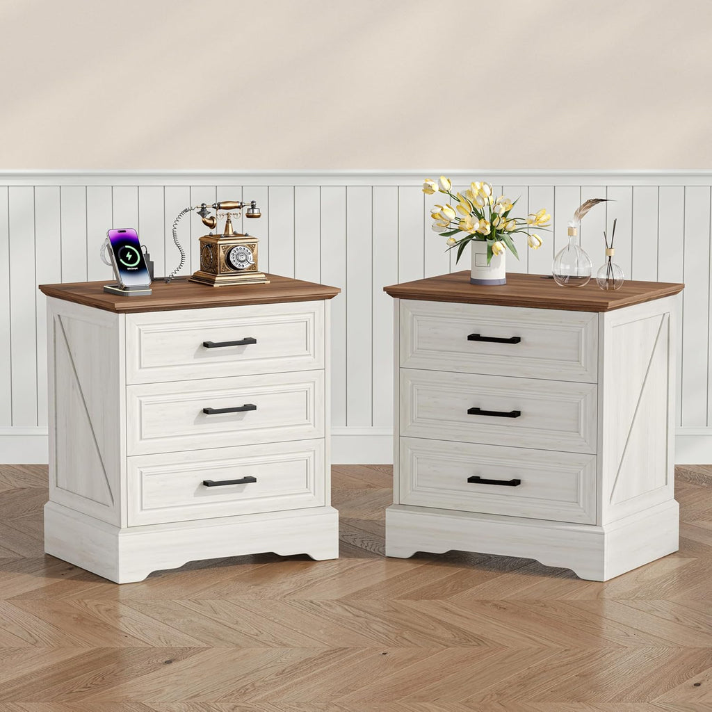 Akxomel Farmhouse Nightstand with Charging Station, 22" Wide Bedside Table with 3 Large Drawers & Bar Handles, Side End Table with Stable Support Base, for Bedroom, Off White
