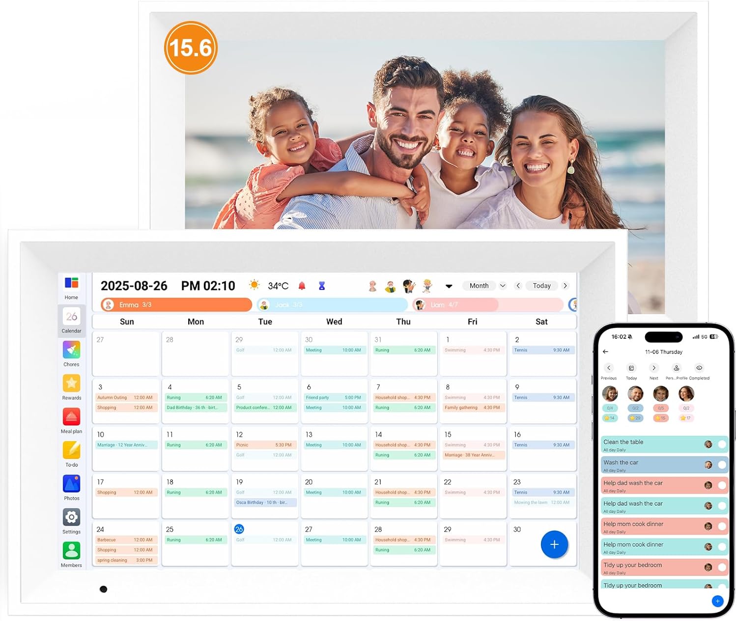Digital Calendar 15.6" Digital Wall Planners for Family Schedules, Electronic Calendar with 1920*1080 Interactive Touchscreen, Digital Photo Frame Built-in 64GB Memory, Smart Calendar-White