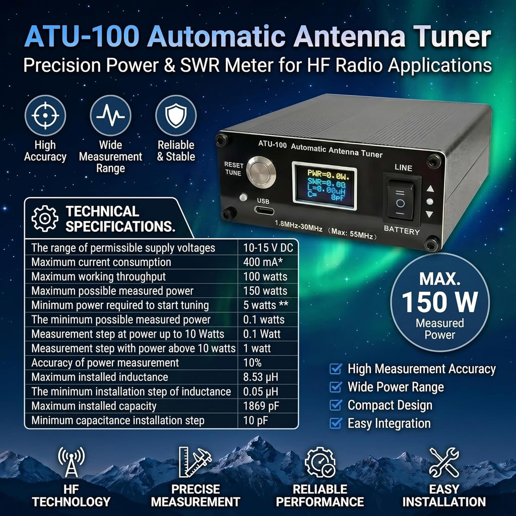 V3.2 ATU-100 EXT Automatic Antenna Tuner for Ham Radio – 1.8-55MHz, Low SWR Tuner, Compact Design, Works with Amateur Radio Equipment, Ideal for POTA/SOTA/DX with 5000mAh Battery
