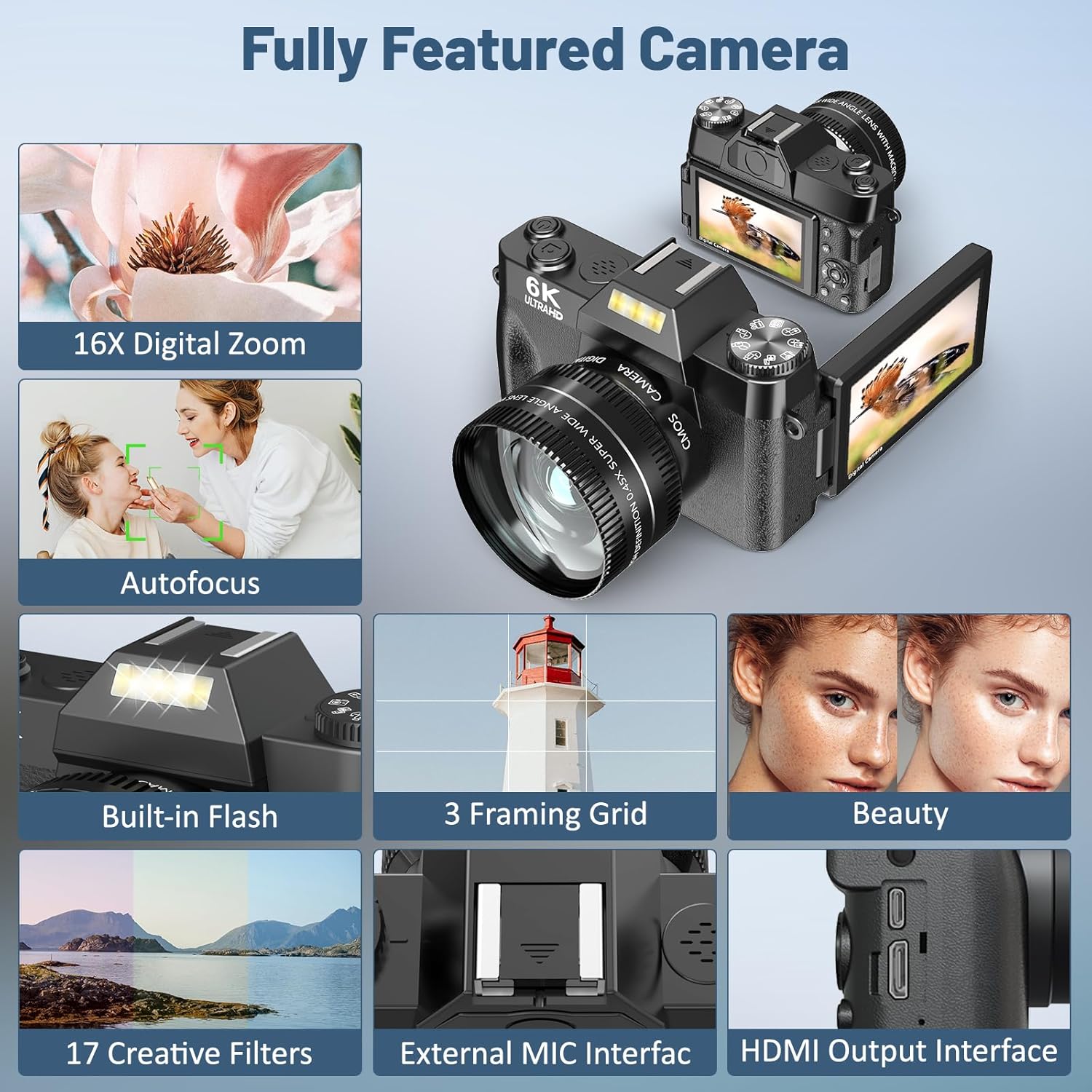 6K Digital Camera for Photography - WiFi 64MP Vlogging Cameras for YouTube with 3" 180° Flip Screen, 16X Digital Zoom Autofocus Vlog Travel Camara with 32GB SD Card, 2 Batteries and Double Charger