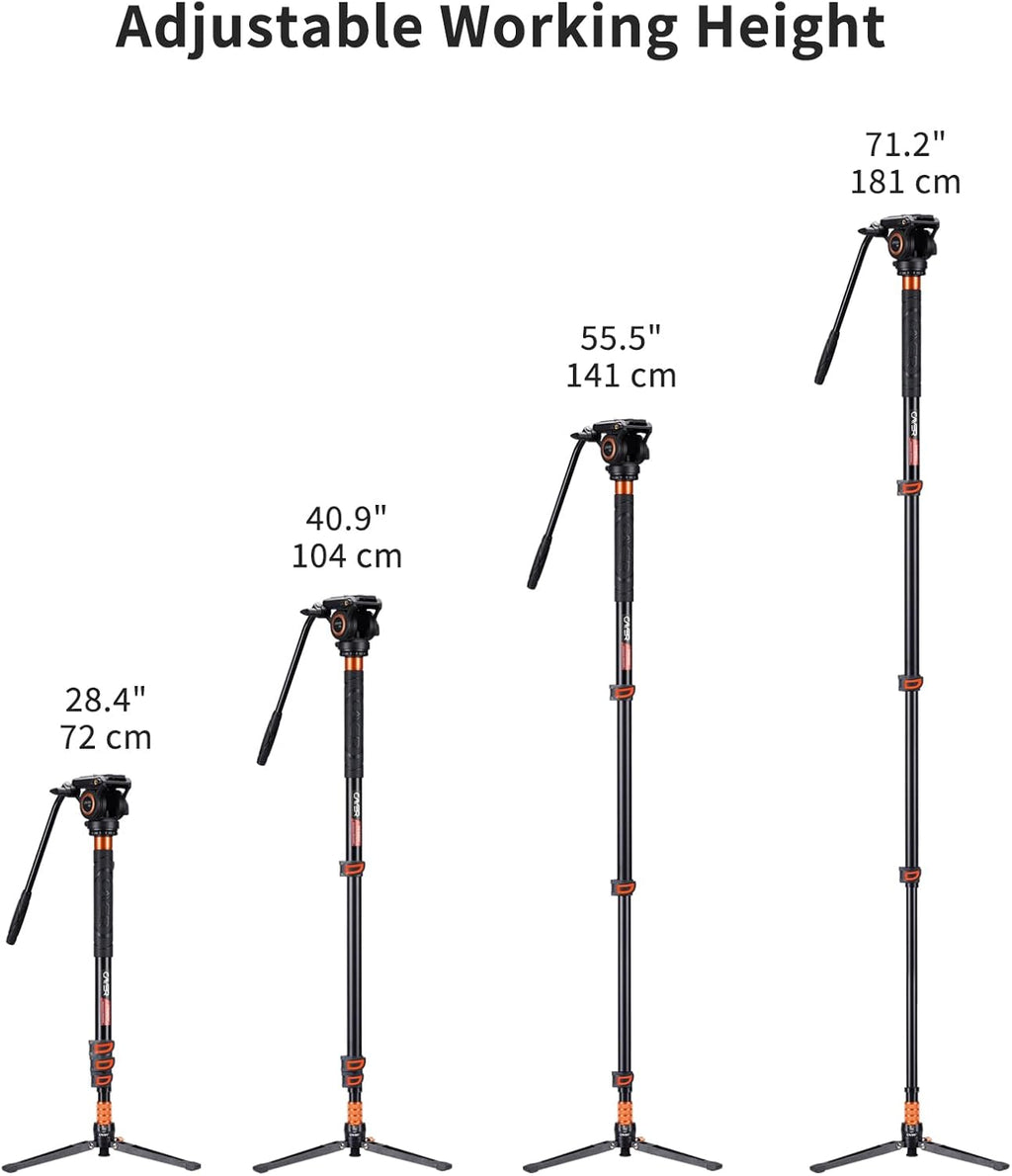 Cayer FP34 Monopod with Feet, 71 inch Aluminum Telescopic Camera Monopod with Fluid Head and 3-Leg Tripod Base for DSLR Video Cameras Camcorders, Supporting up to 13.2 lbs