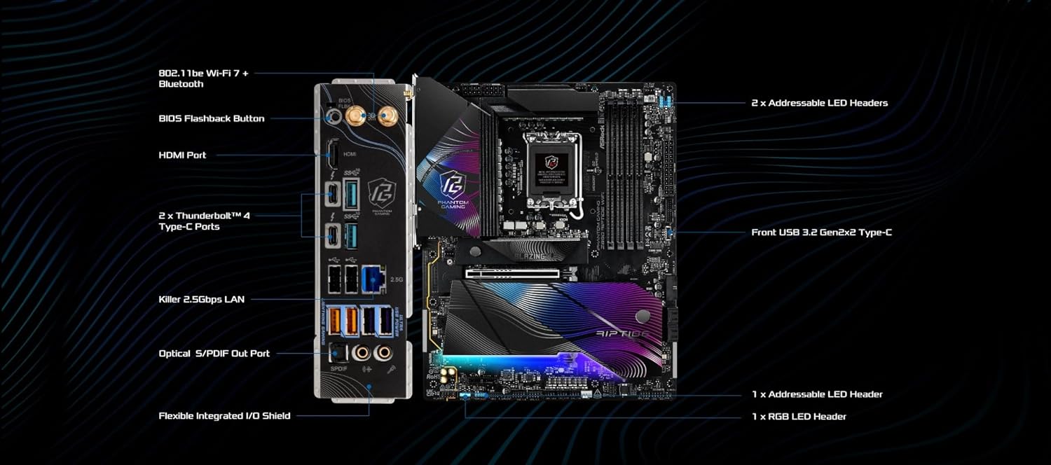 ASRock Intel Core Ultra Phantom Gaming Z890 Riptide WiFi 7 ATX Motherboard DDR5 9066 MHz 256 GB LGA1851 RL-ILM M.2 PCIe 5.0