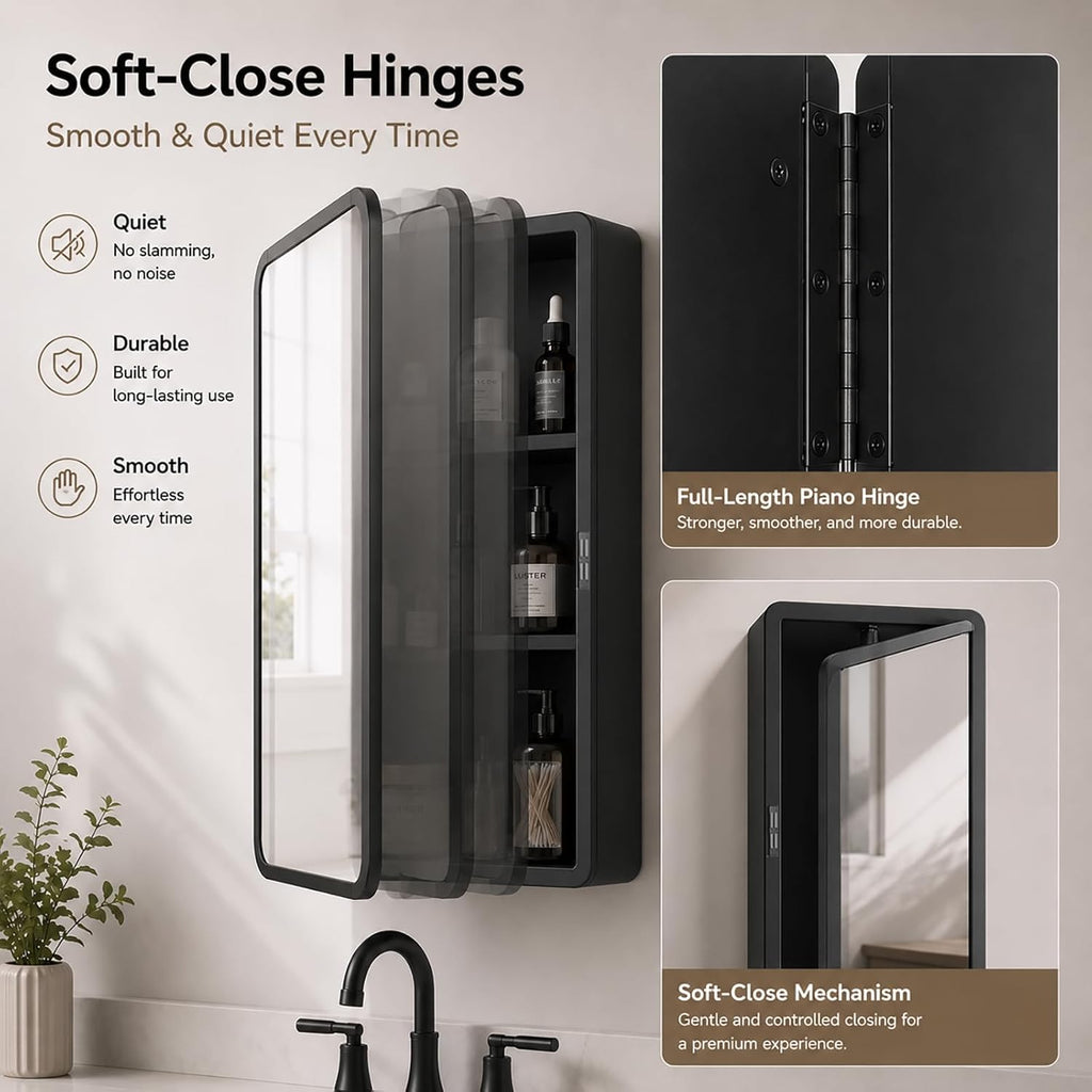 Medicine Cabinet with Mirror, 16x22 inch Black Recessed Medicine Cabinet or Surface Wall Mount Bathroom Cabinets with Adjustable Shelves Metal Framed Mirror, Rounded Rectangle Storage Cabinet