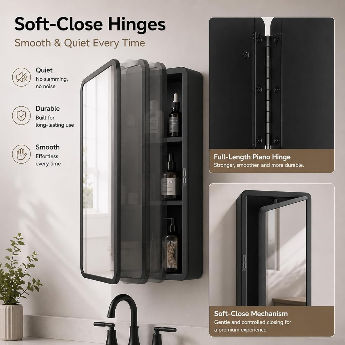 Medicine Cabinet with Mirror, 16x22 inch Black Recessed Medicine Cabinet or Surface Wall Mount Bathroom Cabinets with Adjustable Shelves Metal Framed Mirror, Rounded Rectangle Storage Cabinet