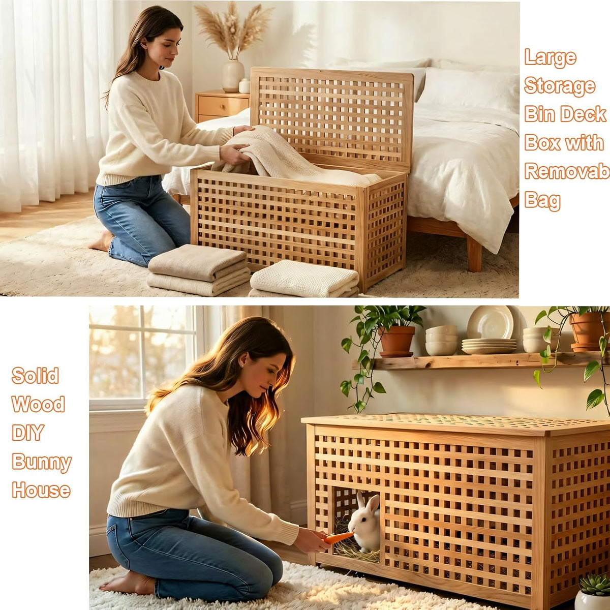Solid Wood Entryway Bench with Storage, Large storage chest with Removable Bag, Wood Coffee Table for Living-room, Bedroom, Patio, DIY Bunny House, 39x20x20in
