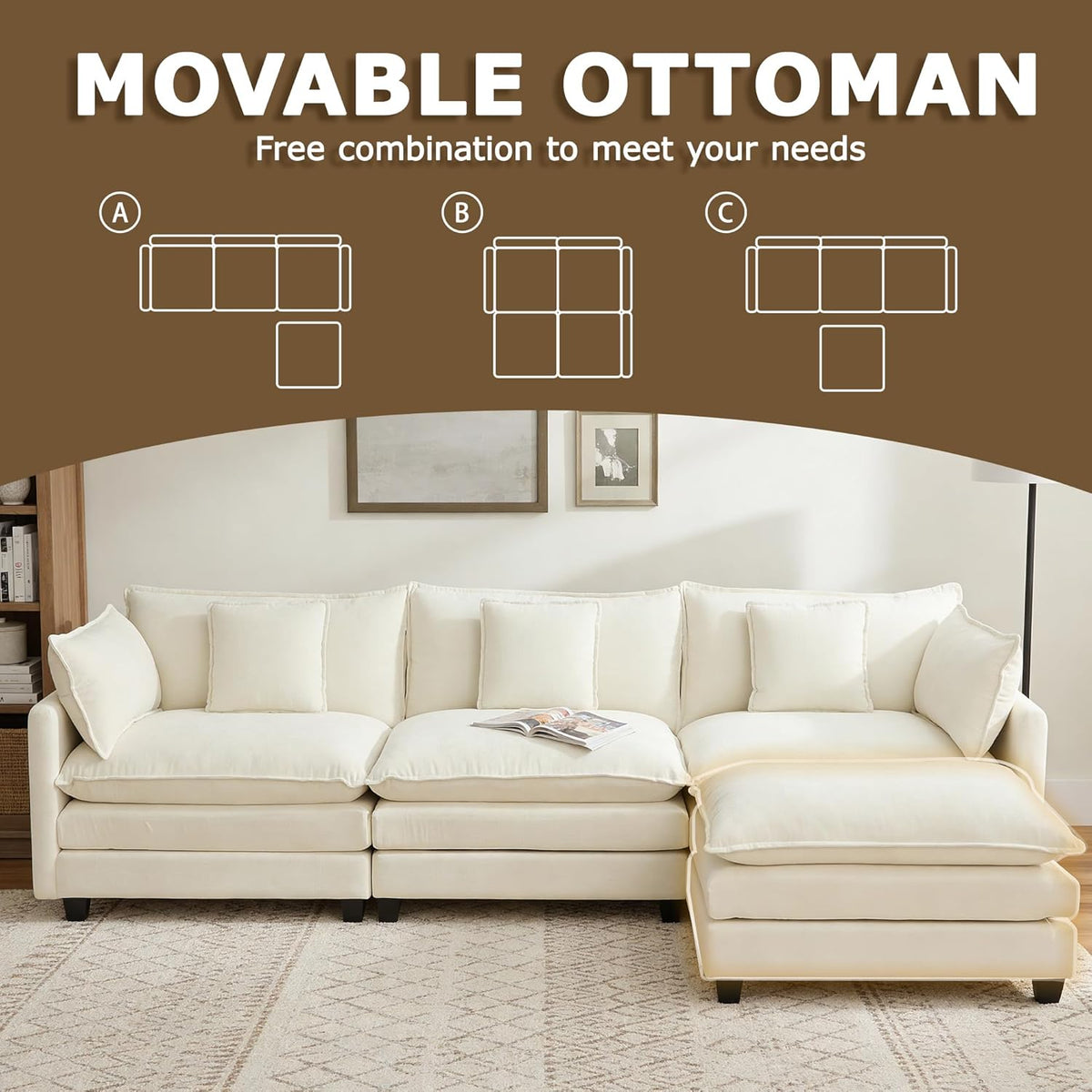 113” Modular Sectional Sofa, L Shaped Cloud Couch with Movable Ottoman, Comfy Chenille Deep Seat Sofa with Throw Pillows, 4 Seat Modern Couches for Living Room Bedroom Apartment, Beige