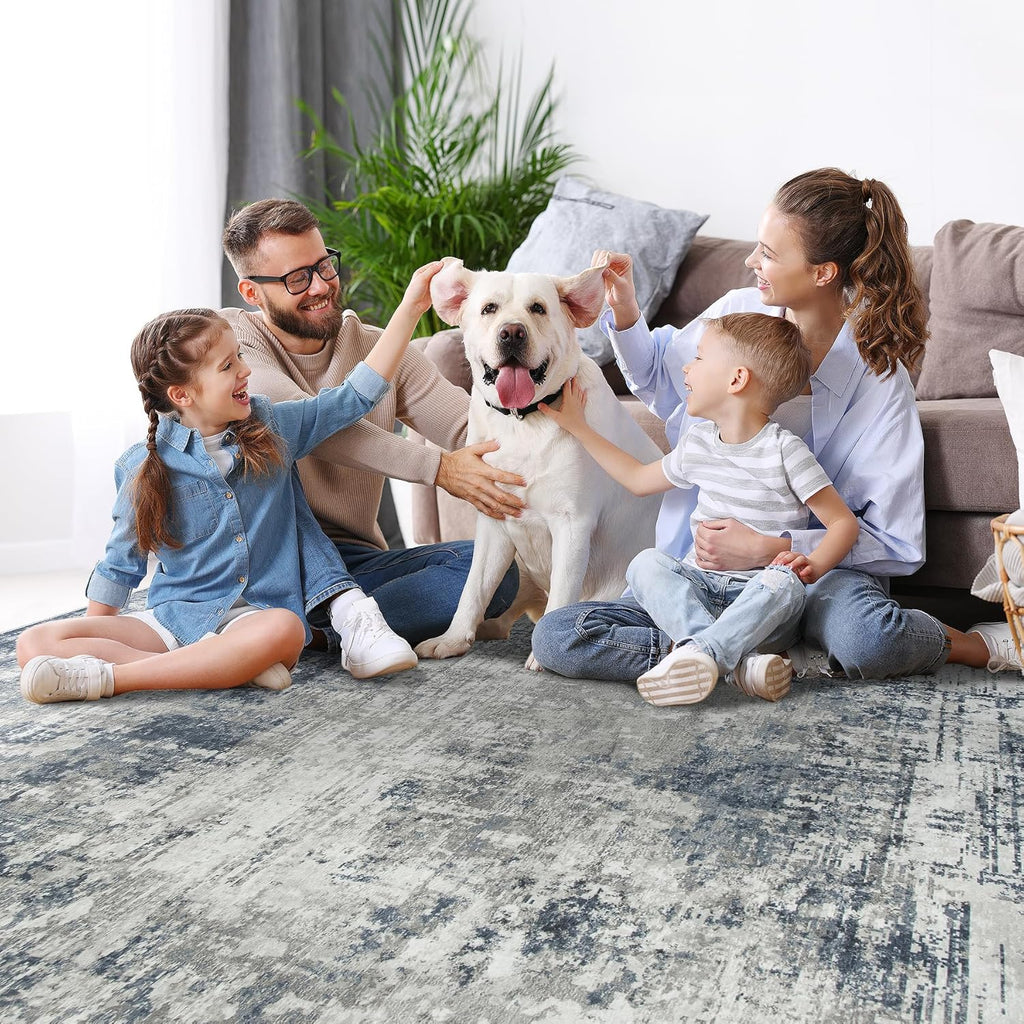 10x14 Area Rugs Large Living Room Rug Washable: Modern Abstract Rug Indoor Modern Carpet Non Slip for Dining Room Bedroom Nursery Home Office Blue/Grey