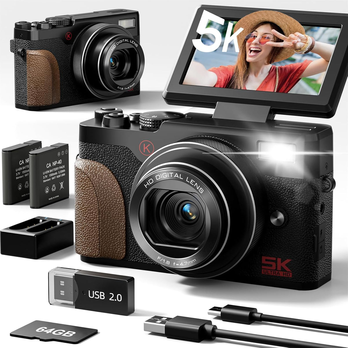 NBD 5K 64MP Digital Camera for Photography with 18X Zoom,2026 Upgraded Autofocus Vlogging Camera,Point and Shoot Digital Cameras with 2 Batteries,64GB TF Card,Flash, Anti-Shake(Black)