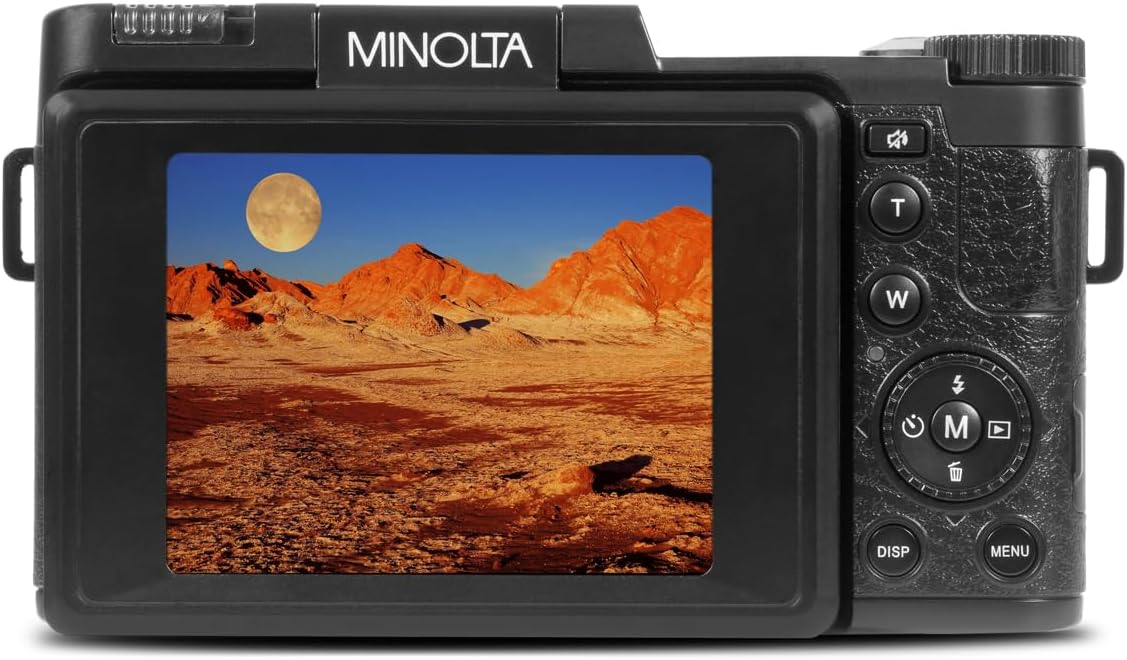 Minolta 30MP Digital Camera – 2.7K Ultra HD Video, 3-inch 180° LCD Screen, Face Detection, Anti-Shake, 9 Scene Modes, Photo Burst, Panorama, CMOS Sensor, 32GB Card (Red)