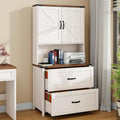 Halitaa Farmhouse 2 Drawer Lateral File Cabinet, Hanging File Storage for Legal/Letter/A4 Size, Adjustable Shelves, Printer Stand with Bookshelf, Rustic White Wood Cabinet for Home Office