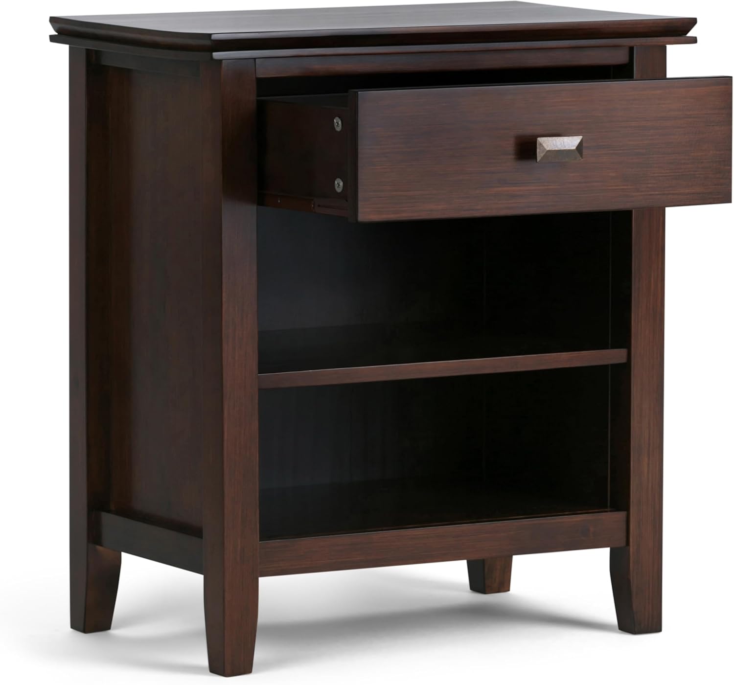 SIMPLIHOME Artisan Bedside Table - 24 inch Wide Solid Wood Nightstand Table in Russet Brown, Transitional Bedroom Side or End Table with 1 Drawer and Open Shelf Storage