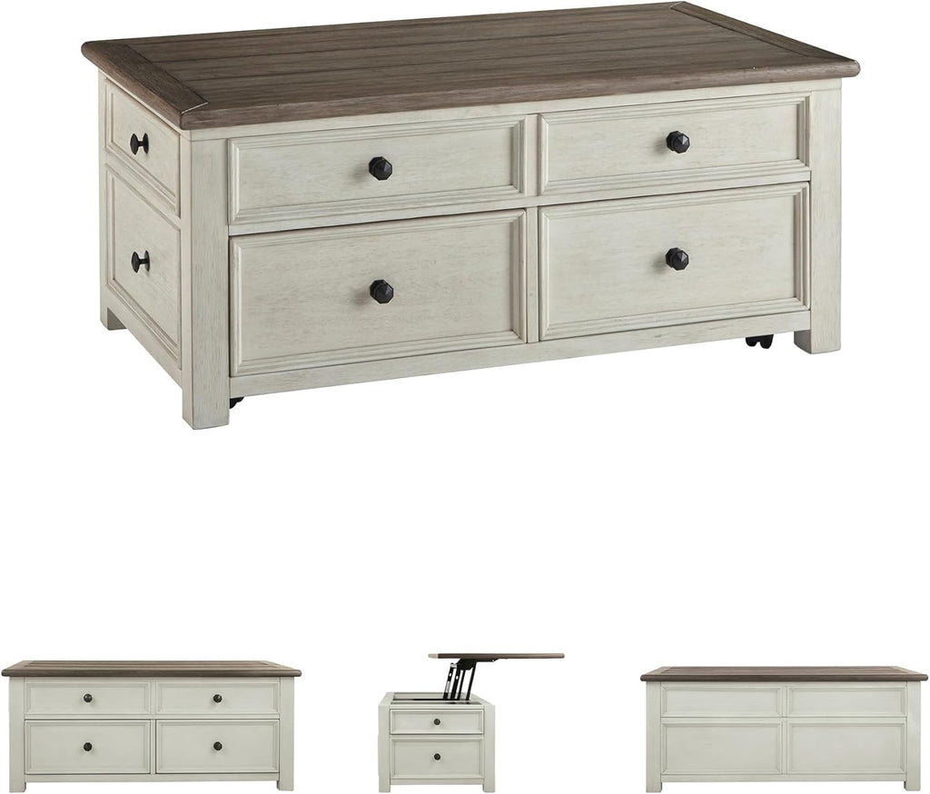 Signature Design by Ashley Bolanburg Lift-Top Coffee Table with Storage Two-Tone Rustic Farmhouse Cocktail Table – Brown/White