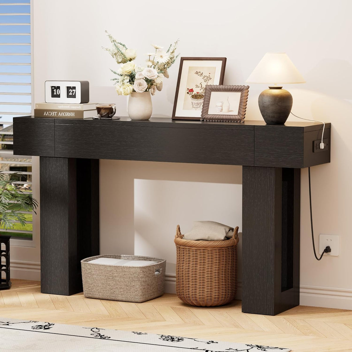 63 Inch Long Console Table w/Outlets & USB Ports, Narrow Rectangular Sofa Table Behind The Couch, Farmhouse Entryway Table for Entrance, Hallway, Living Room(Black with Outlet)
